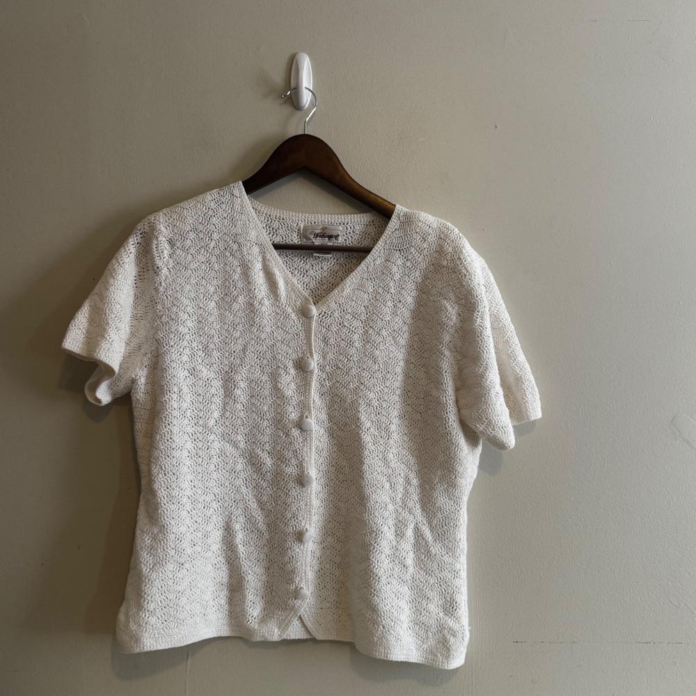 VTG Worthington Women's Lg White Pointelle Knit Short Sleeve Cardigan Cotton